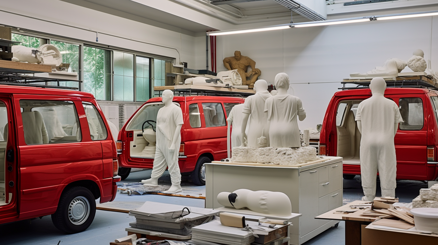 Italian marble statues with Ferrari's mini van prototype