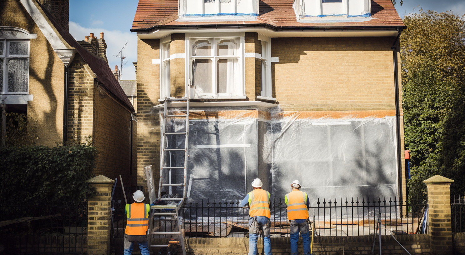 Workers doing exterior insulation on house