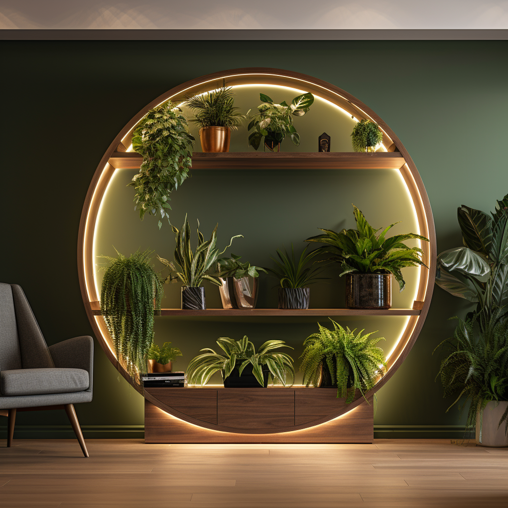 Integrating circle display box with shelves and plants