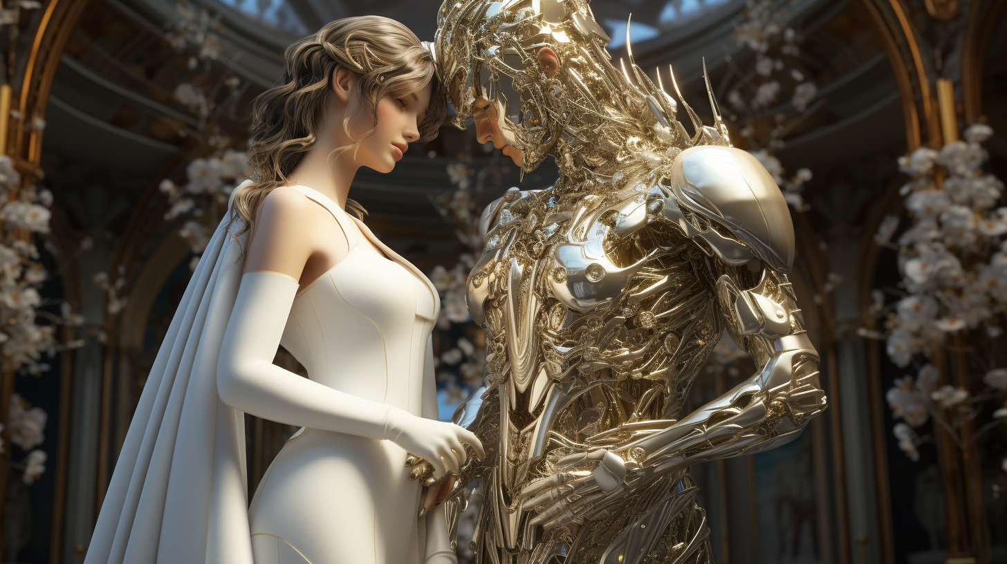 Futuristic glamour wedding with intelligent human and robotic partner