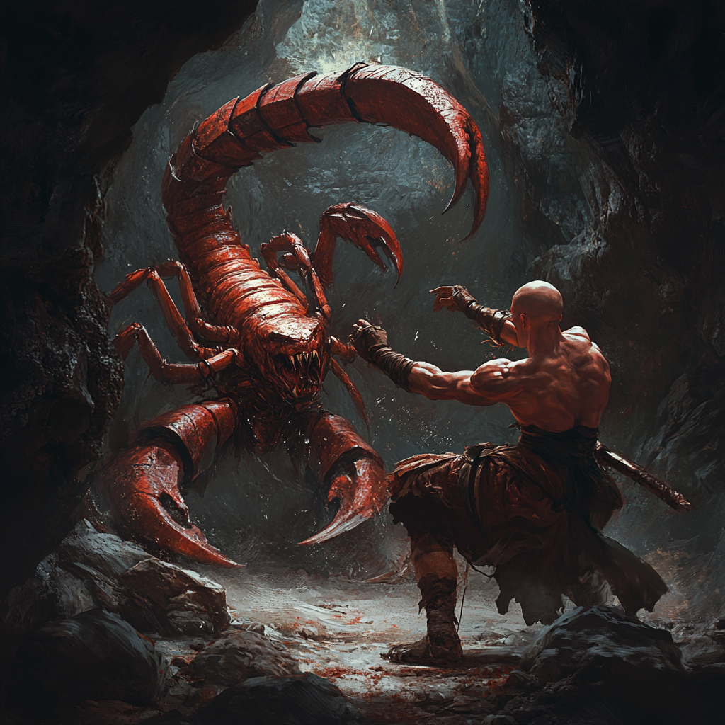 monk fighting giant scorpion cave