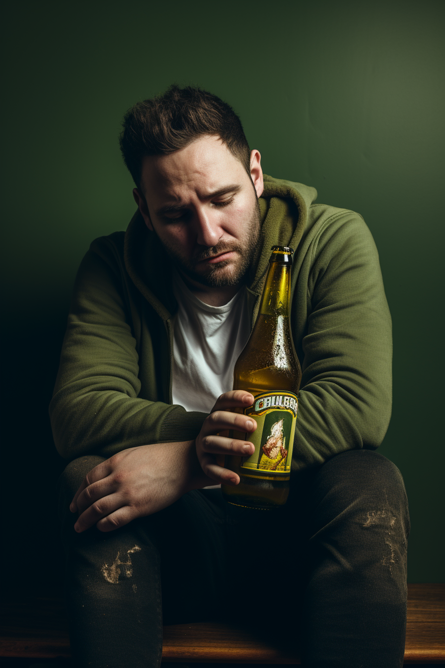 Man passionately hugging beer bottle