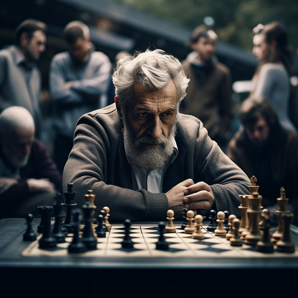 Man focused on intense chess match