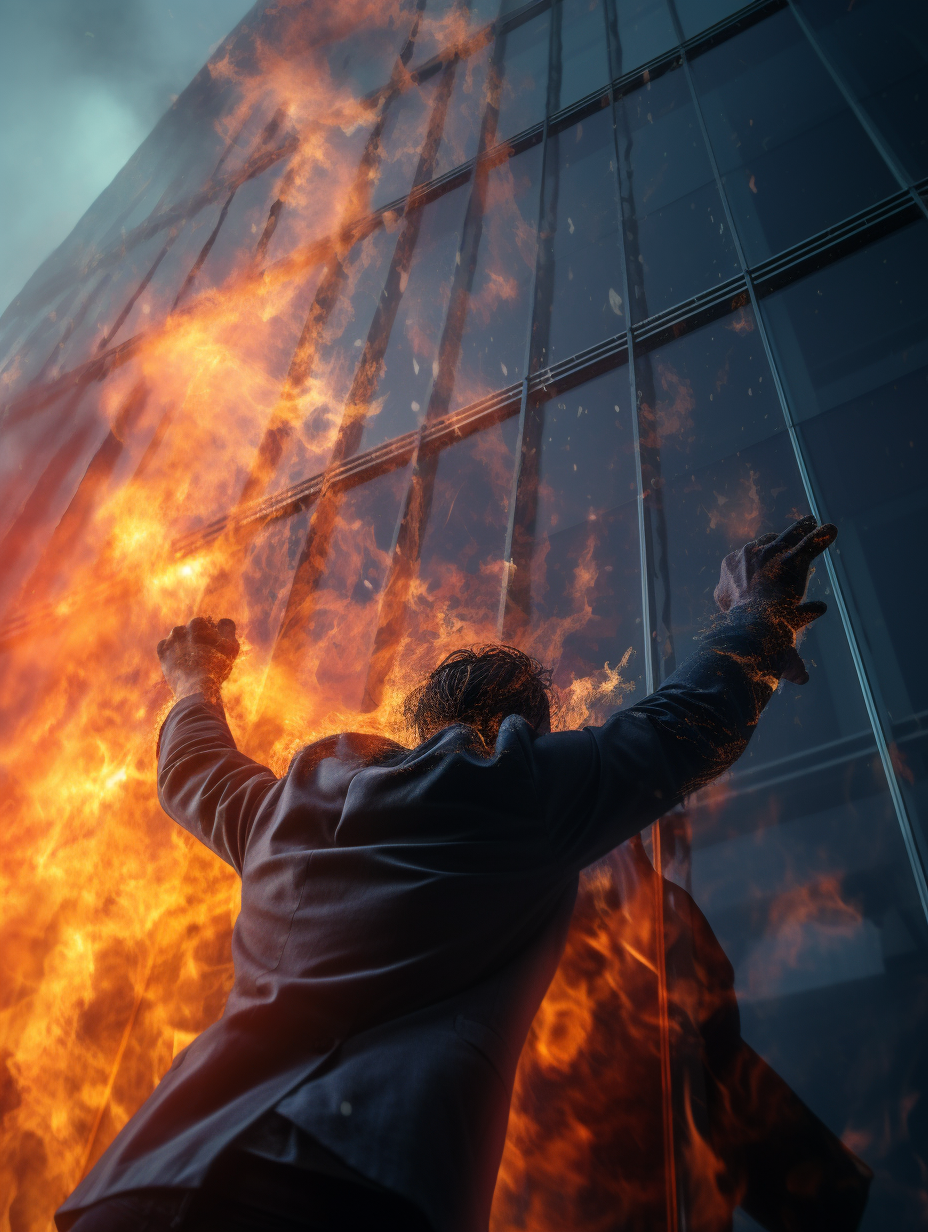 Climber on skyscraper wall during disaster