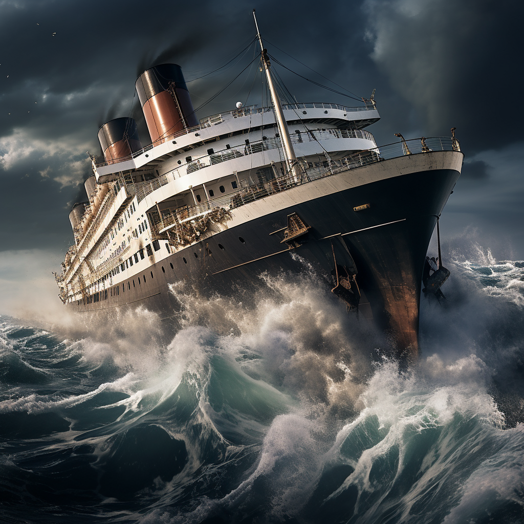 Antique cruise liner rocking violently in raging seas