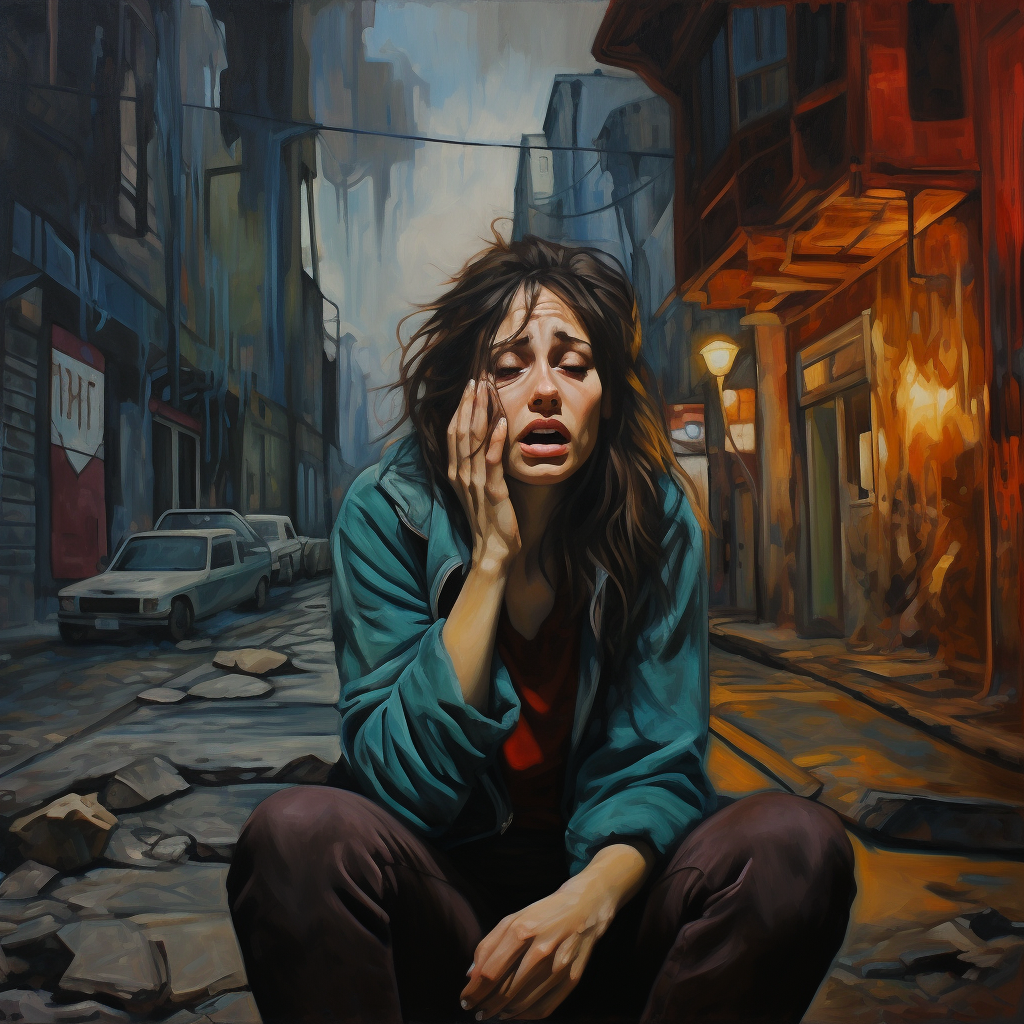 4. Image with woman sitting in the street crying in intense emotion