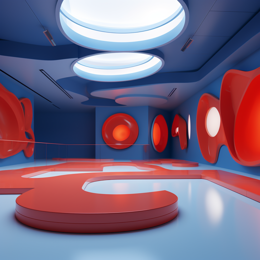 Interactive exhibition room in blue and red