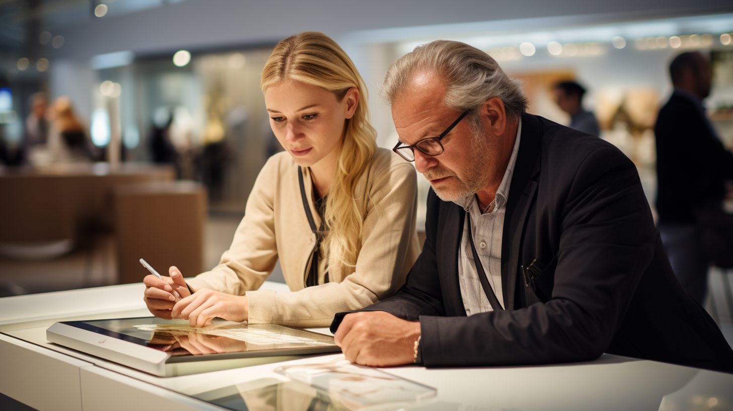 Group using tablets at interactive table