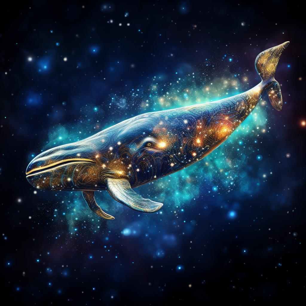 Intergalactic Whale with Asteroid Tail in Colorful Stars