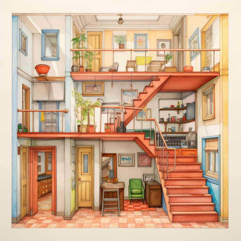 Colorful interior design sketch of a townhome