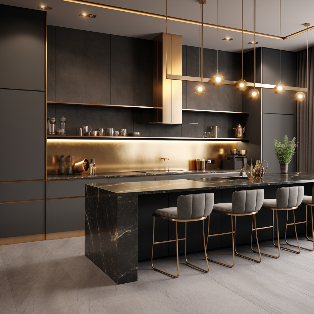 Stylish grey and gold kitchen interior