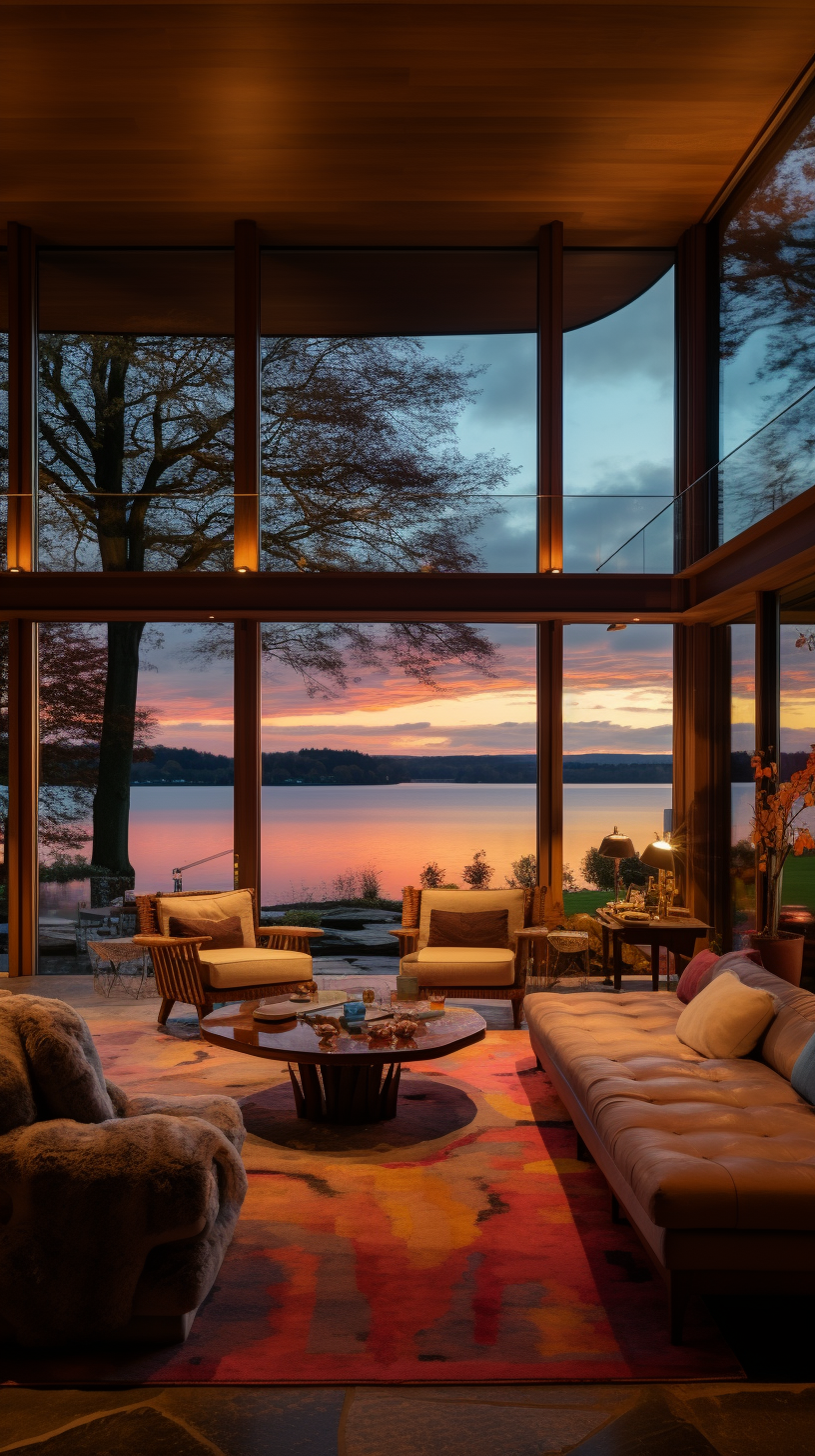 Spacious sitting room in lake house with autumn view