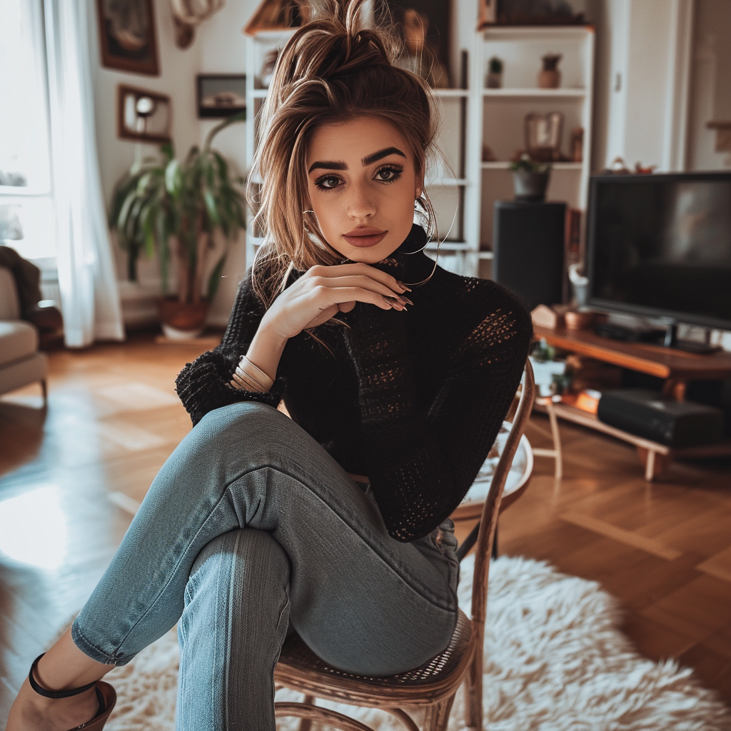 Pretty woman in interior selfie with knit top and high heels