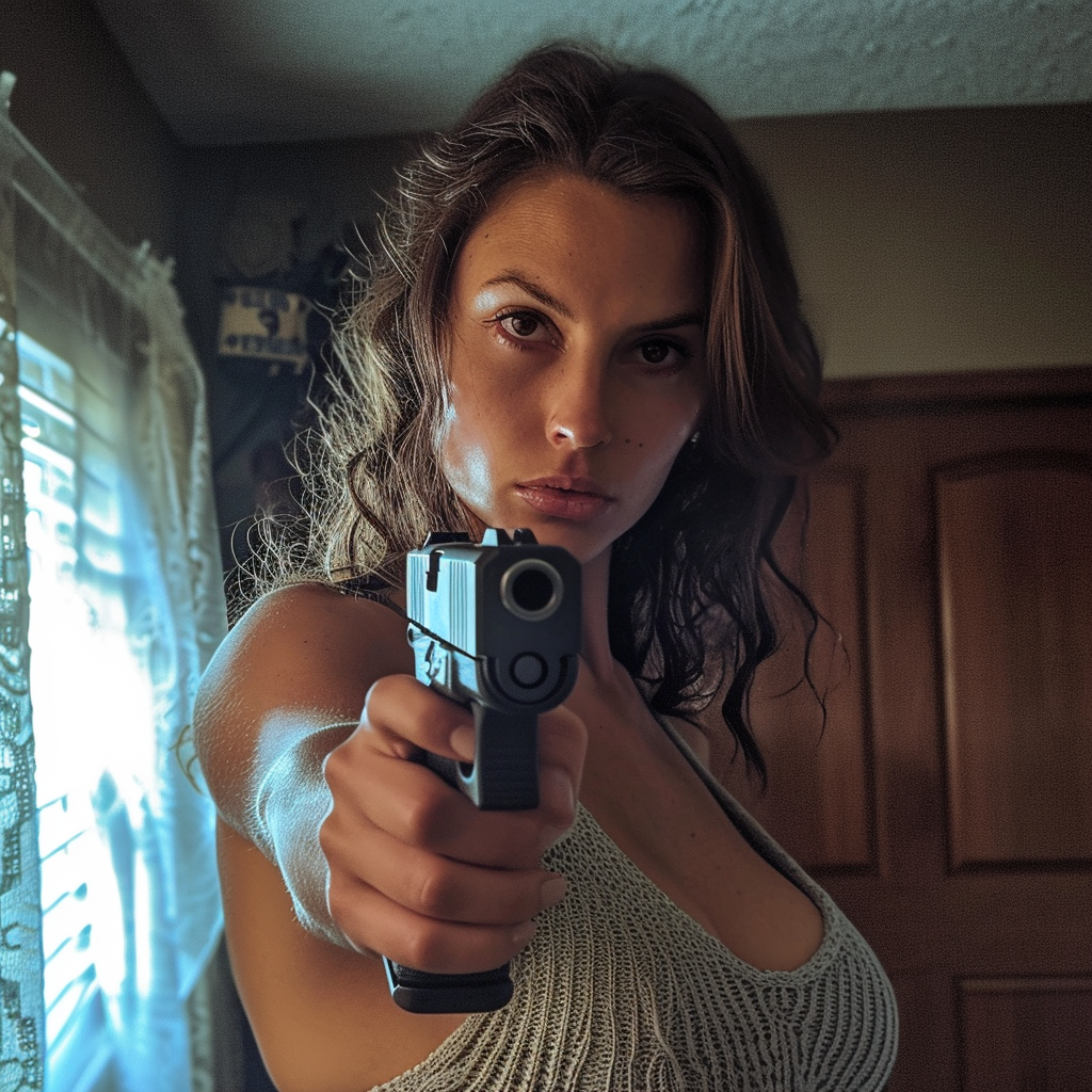 Woman Knit Top Big Handgun Selfie