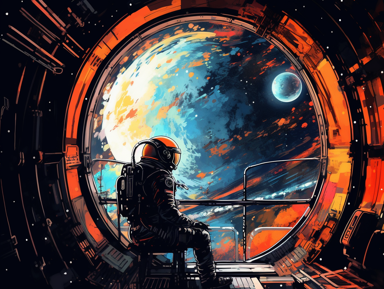 Astronaut gazing out of spaceship window