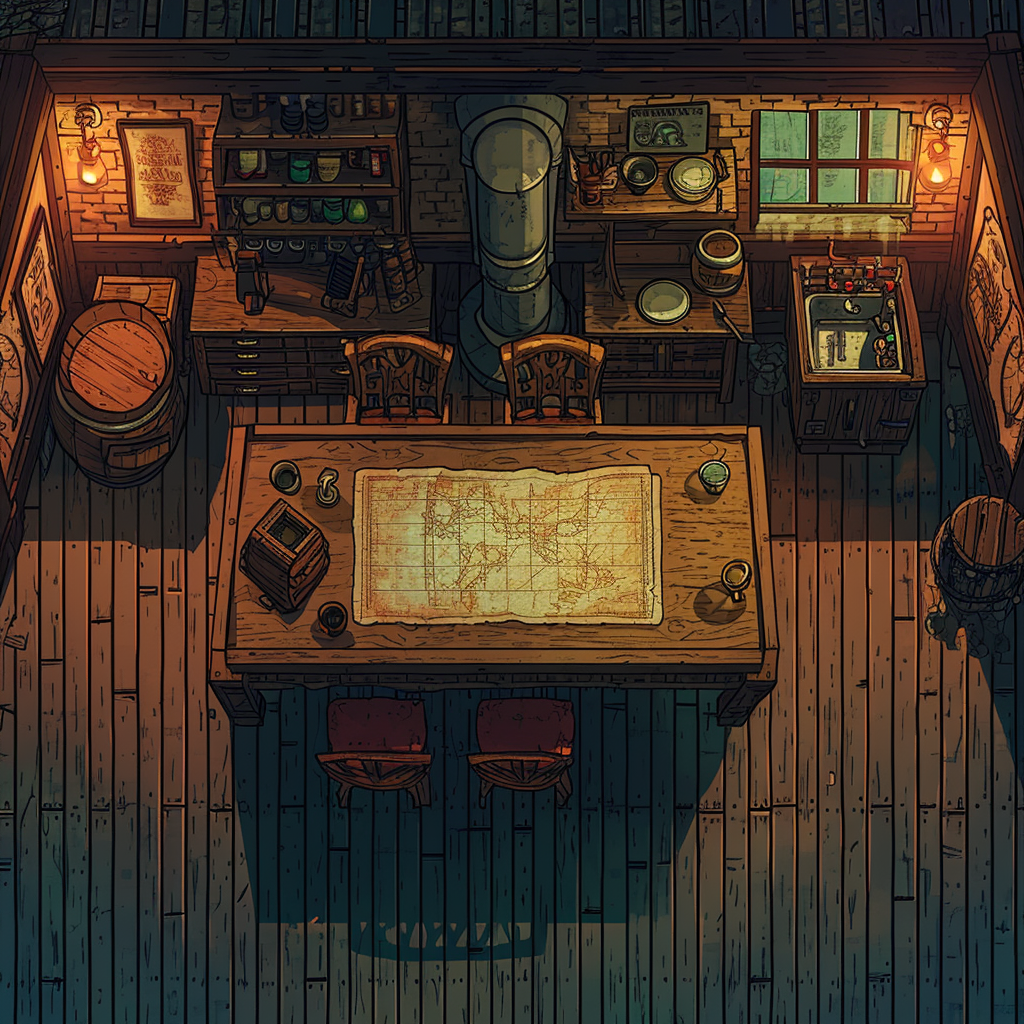 Warhammer-style tavern with wooden table and map