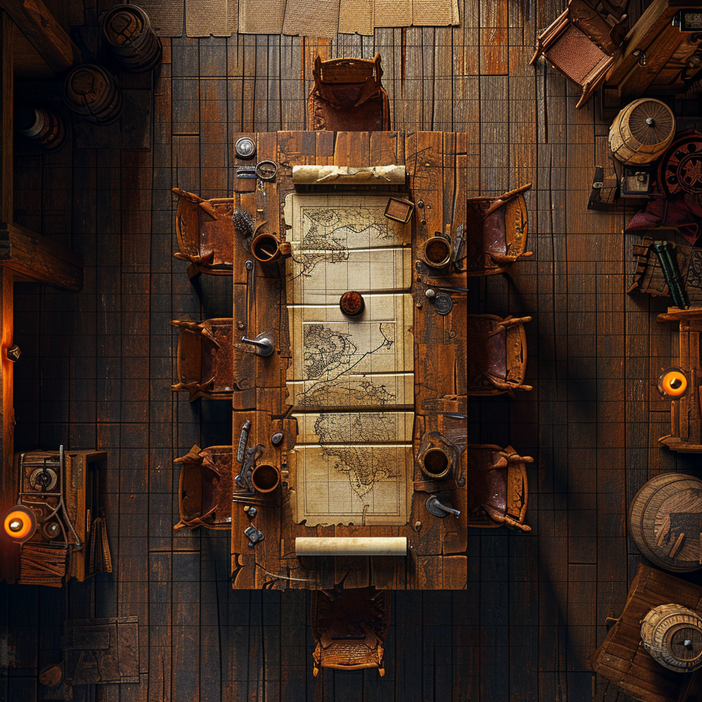 A map on a wooden table in a warhammer style tavern