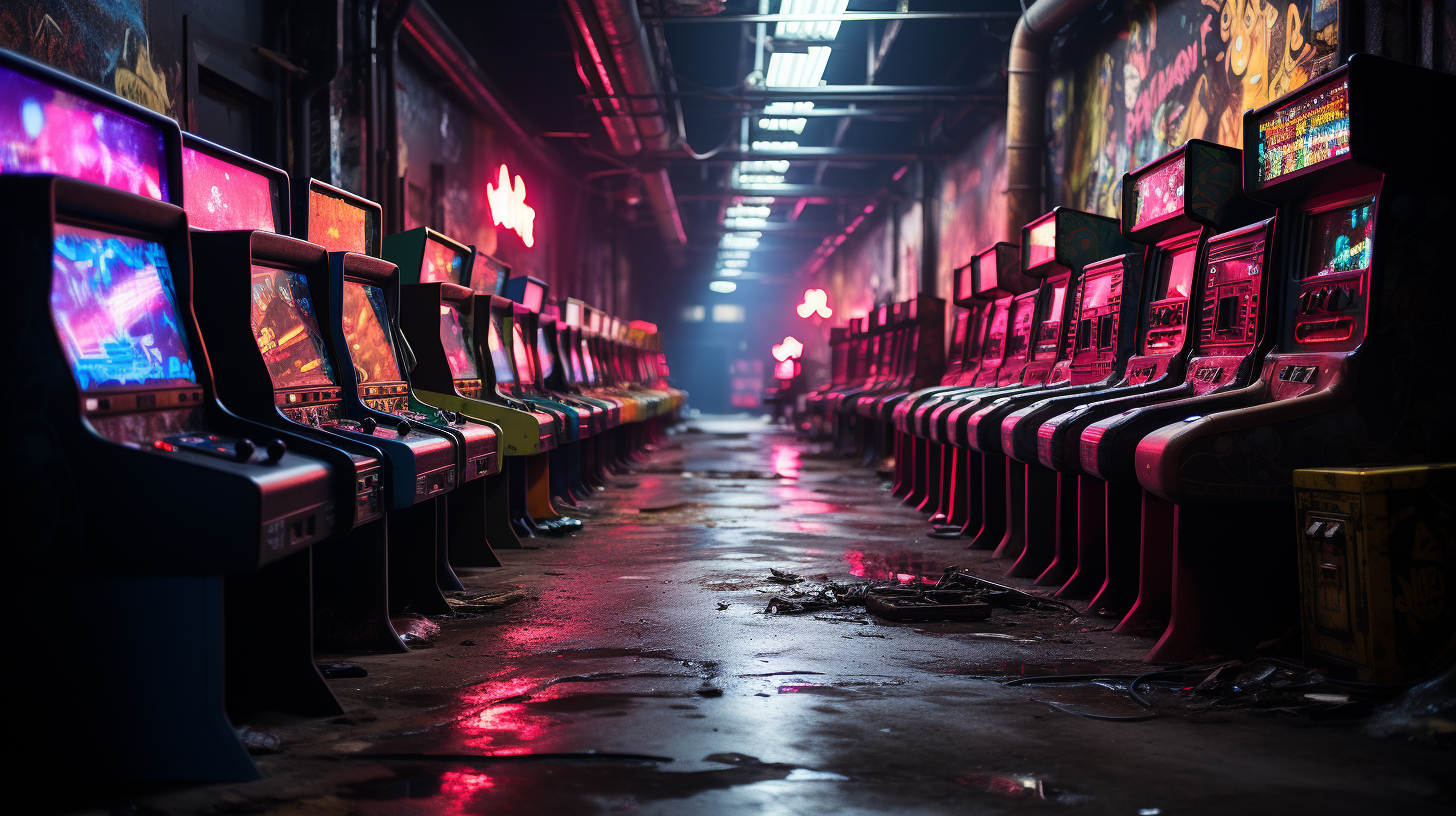 Retro gaming arcade with lit-up screens