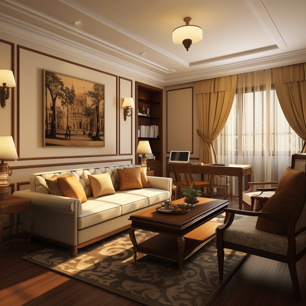 Interior Design with Sofa, Table, and Computer