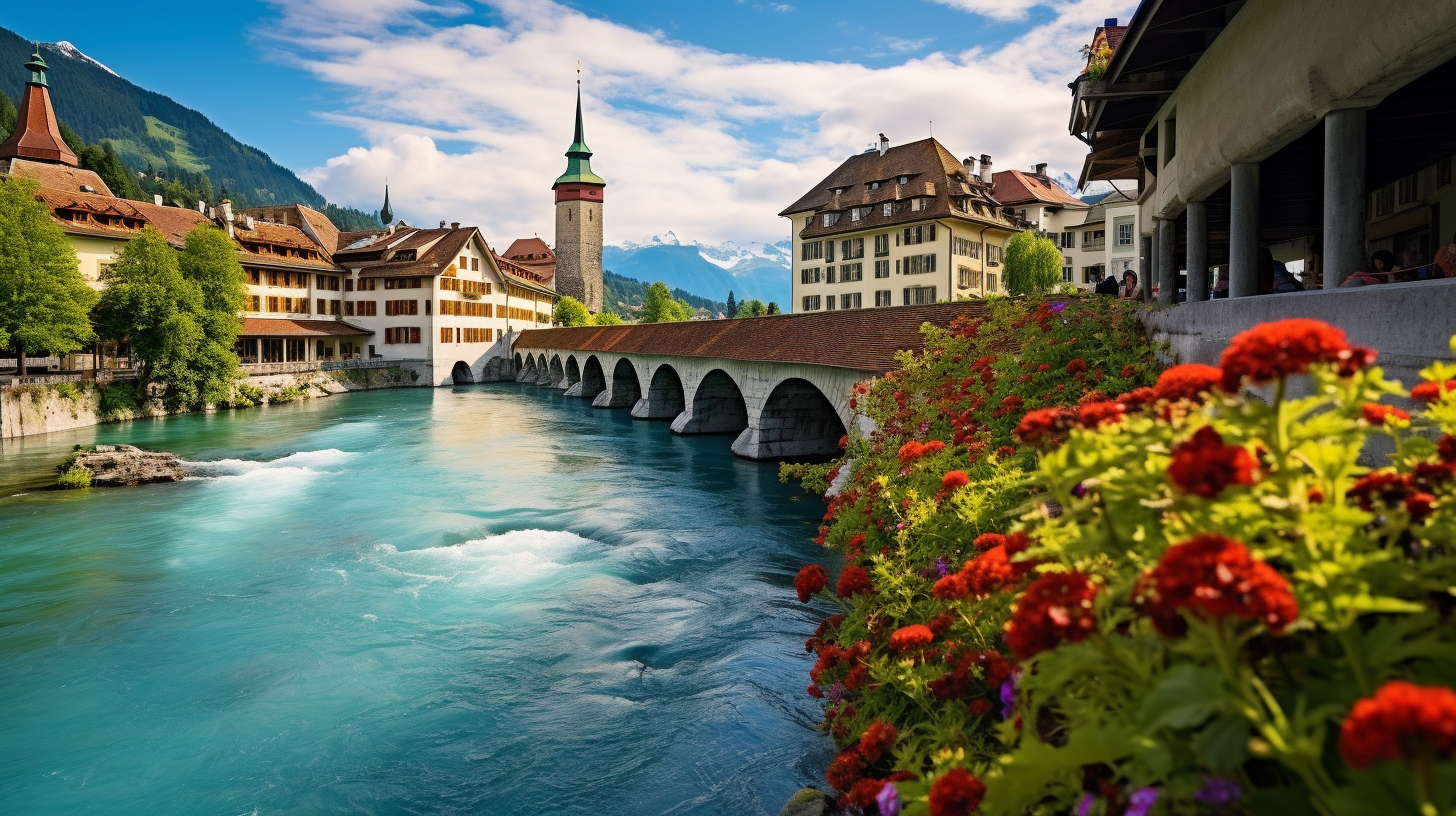 Scenic view of turquoise river and traditional Swiss houses