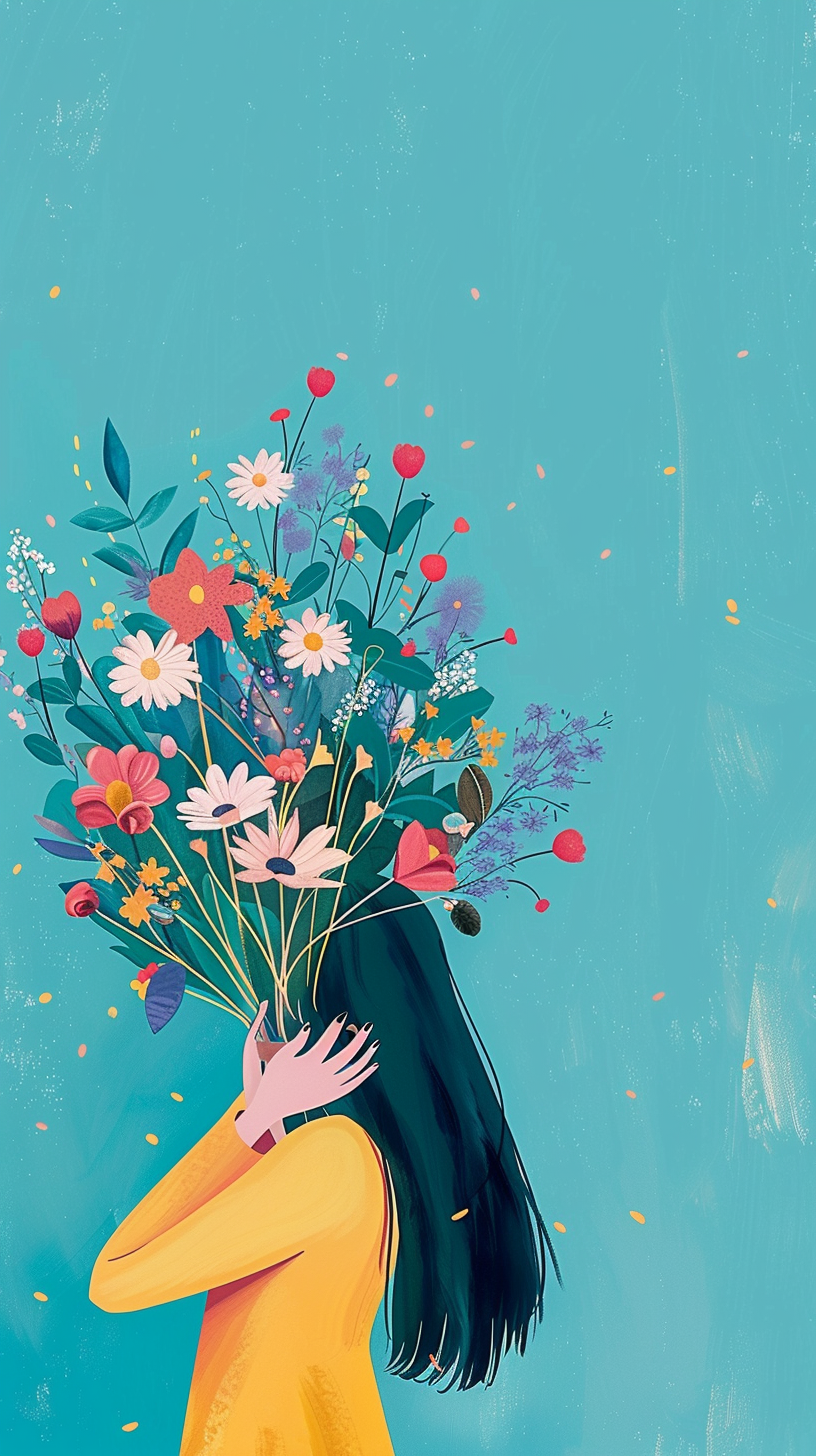 Woman hugging bouquet on turquoise background