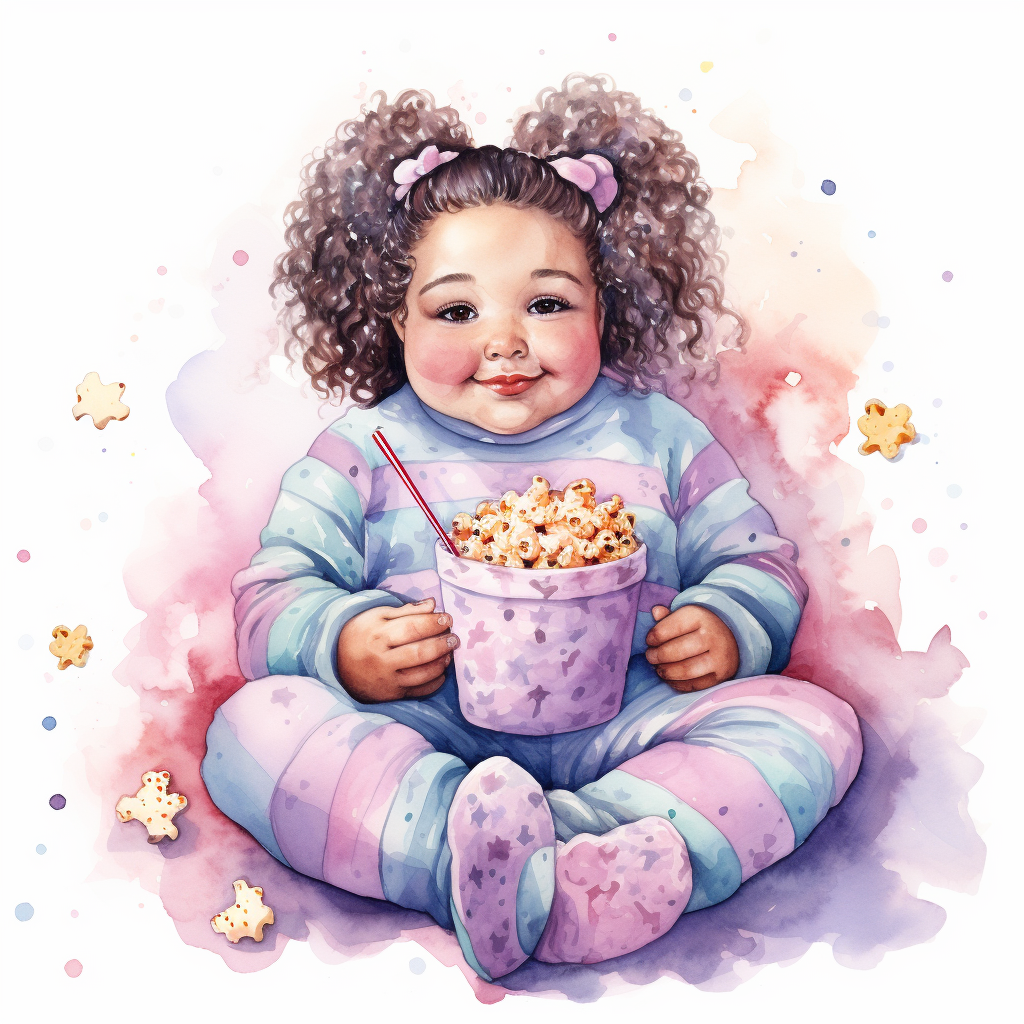 Watercolor illustration of an interracial chubby girl in pajamas with popcorn