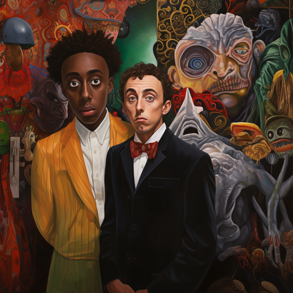 Interracial gay couple standing together in surrealistic dream