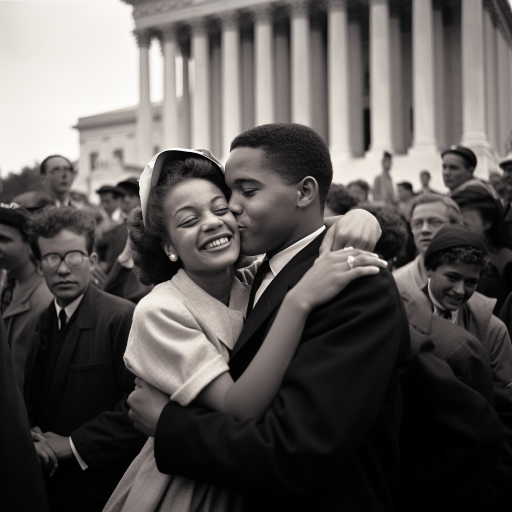 African American woman and white man in warm embrace