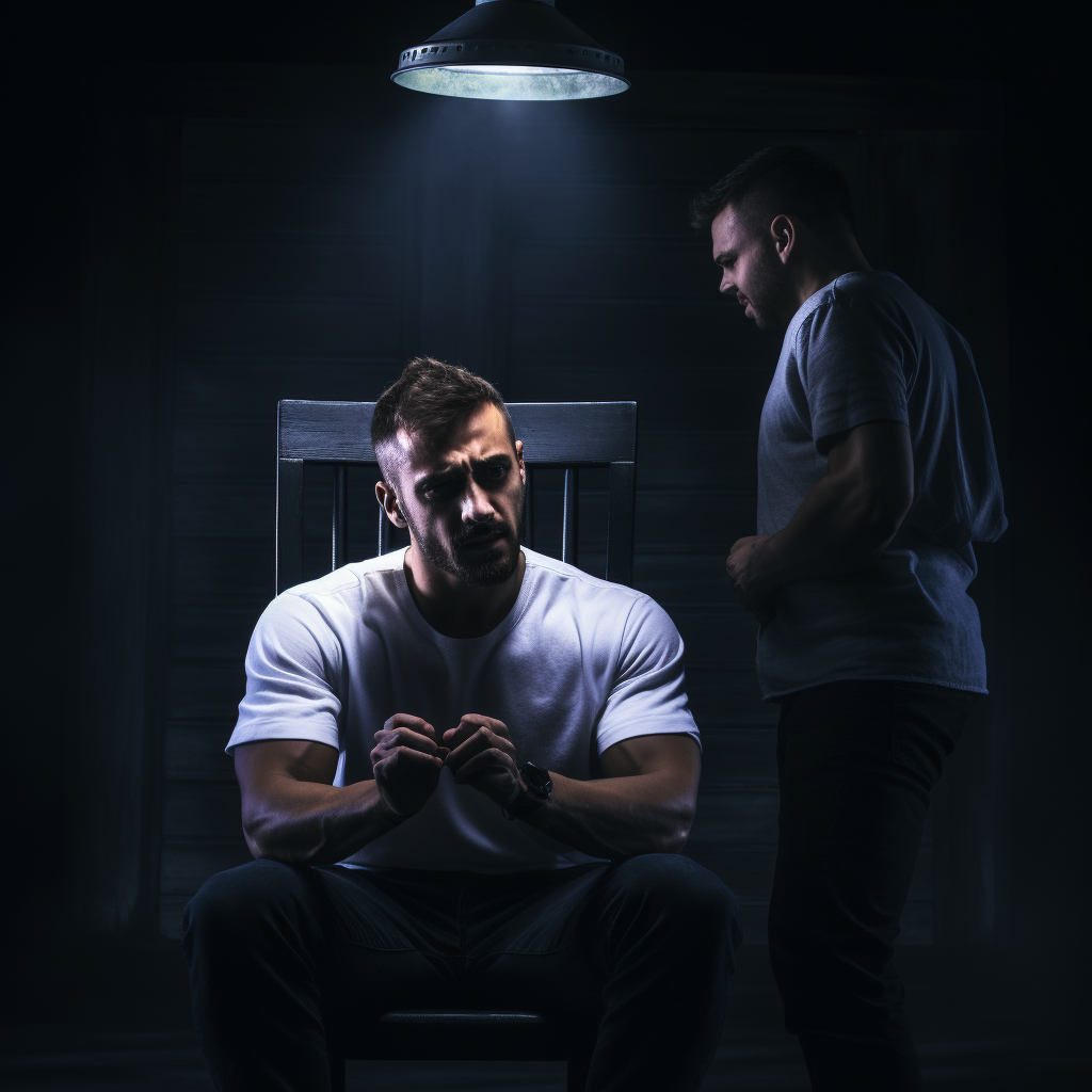 Bound man being interrogated in dark room