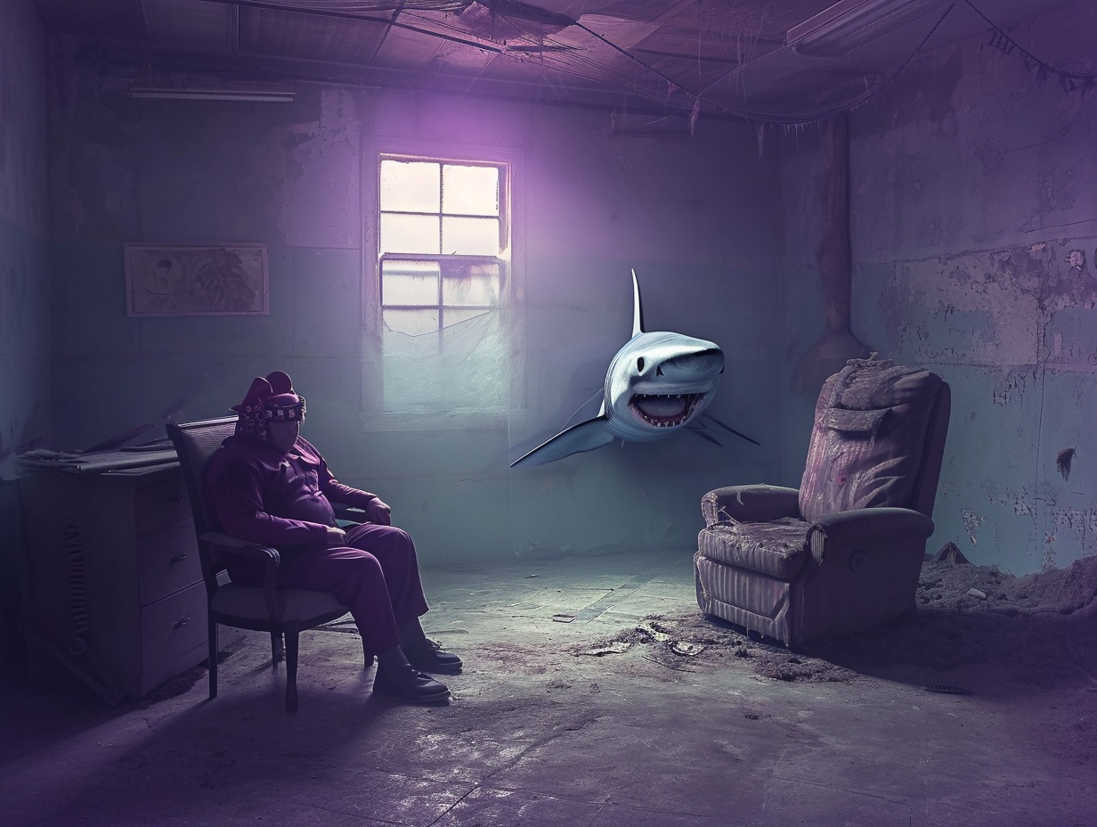 Shark and clown in interrogation room