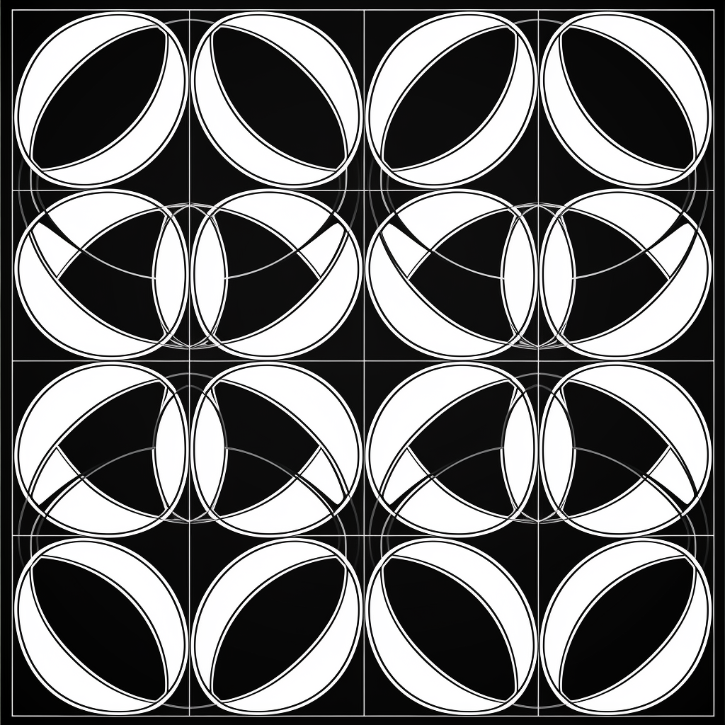 Black and white intersecting circles and helices