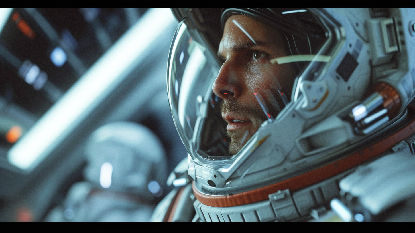 Interstellar pilot with unzipped space helmet