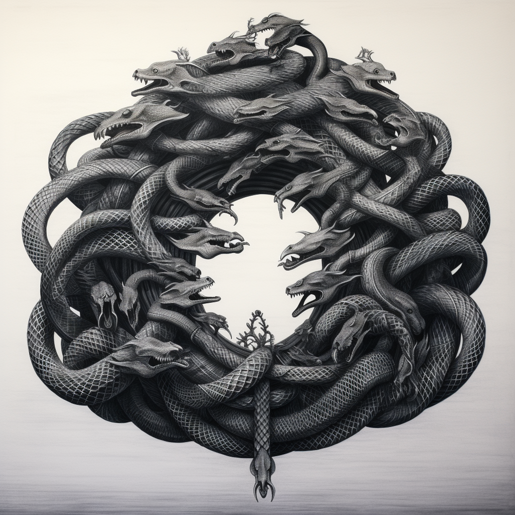 Seven fascinating intertwined snakes artwork