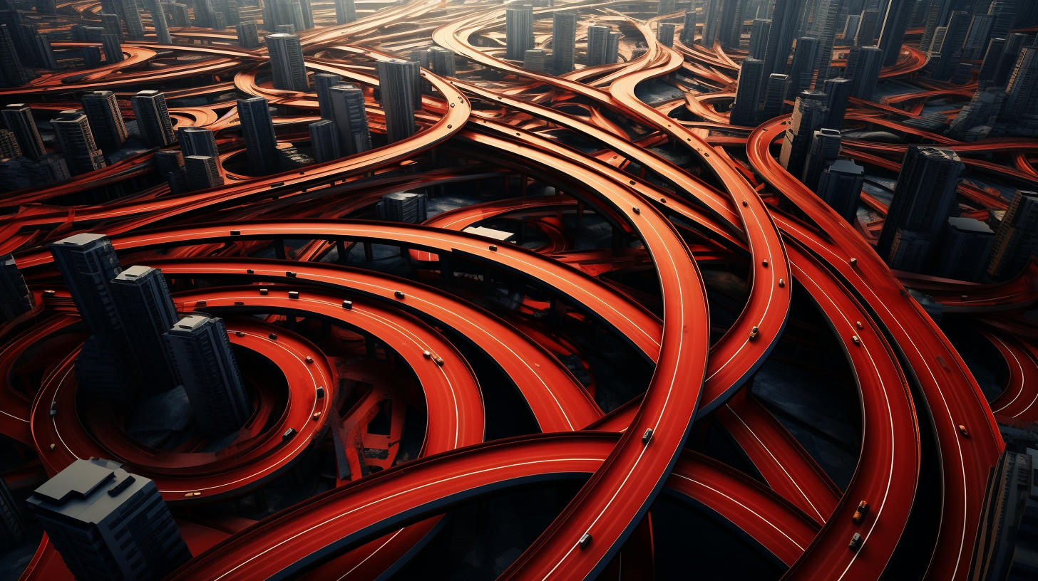 Top view of intertwining city roads with red cars