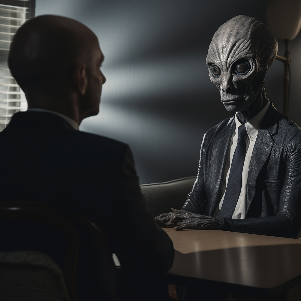 Grey alien being interviewed by FBI officer