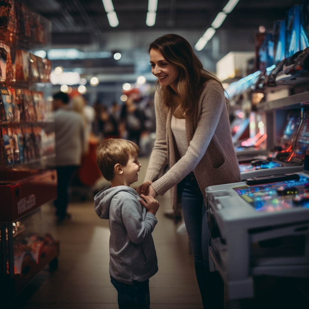 An intimidated child holding mother's hand in a game shop