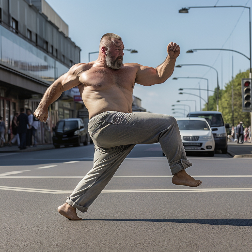 Intimidating man gracefully dancing on asphalt street