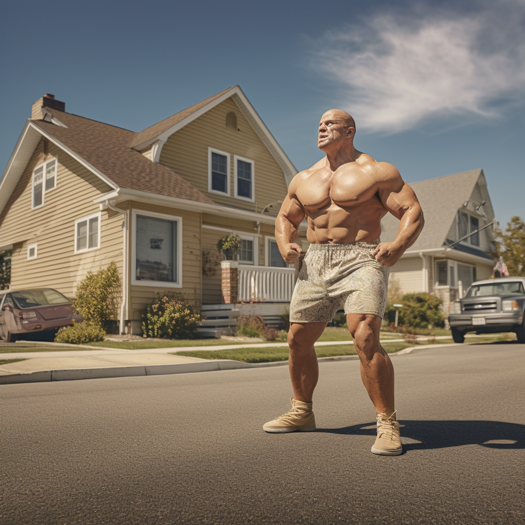 Muscular man clicking heels on suburban street