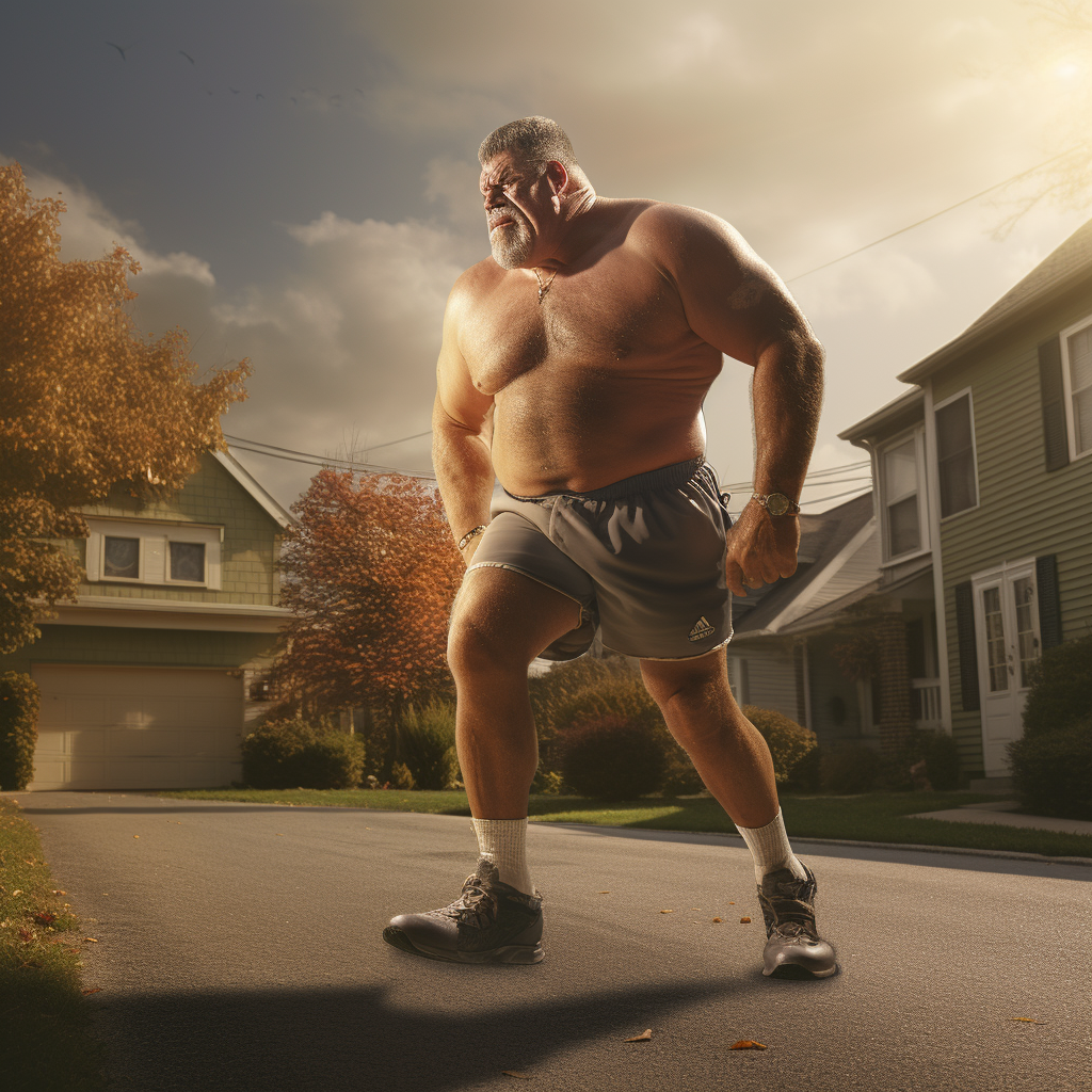 Large Muscular Man Clicking Heels on Suburban Street