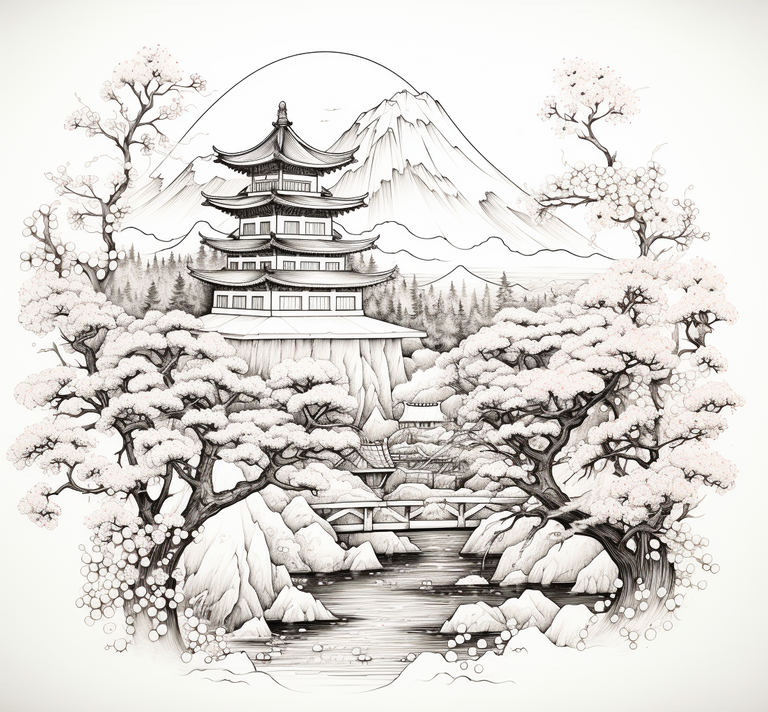 Detailed adult drawing of intricate Japanese scenery