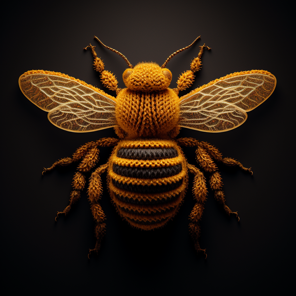 Knitted bee logo in detail