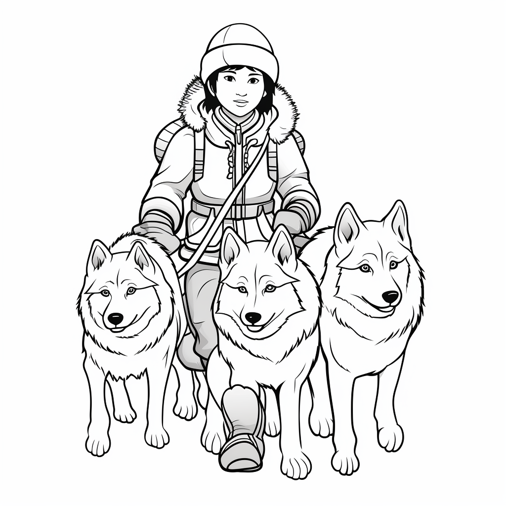 Inuit husky dogs coloring illustration