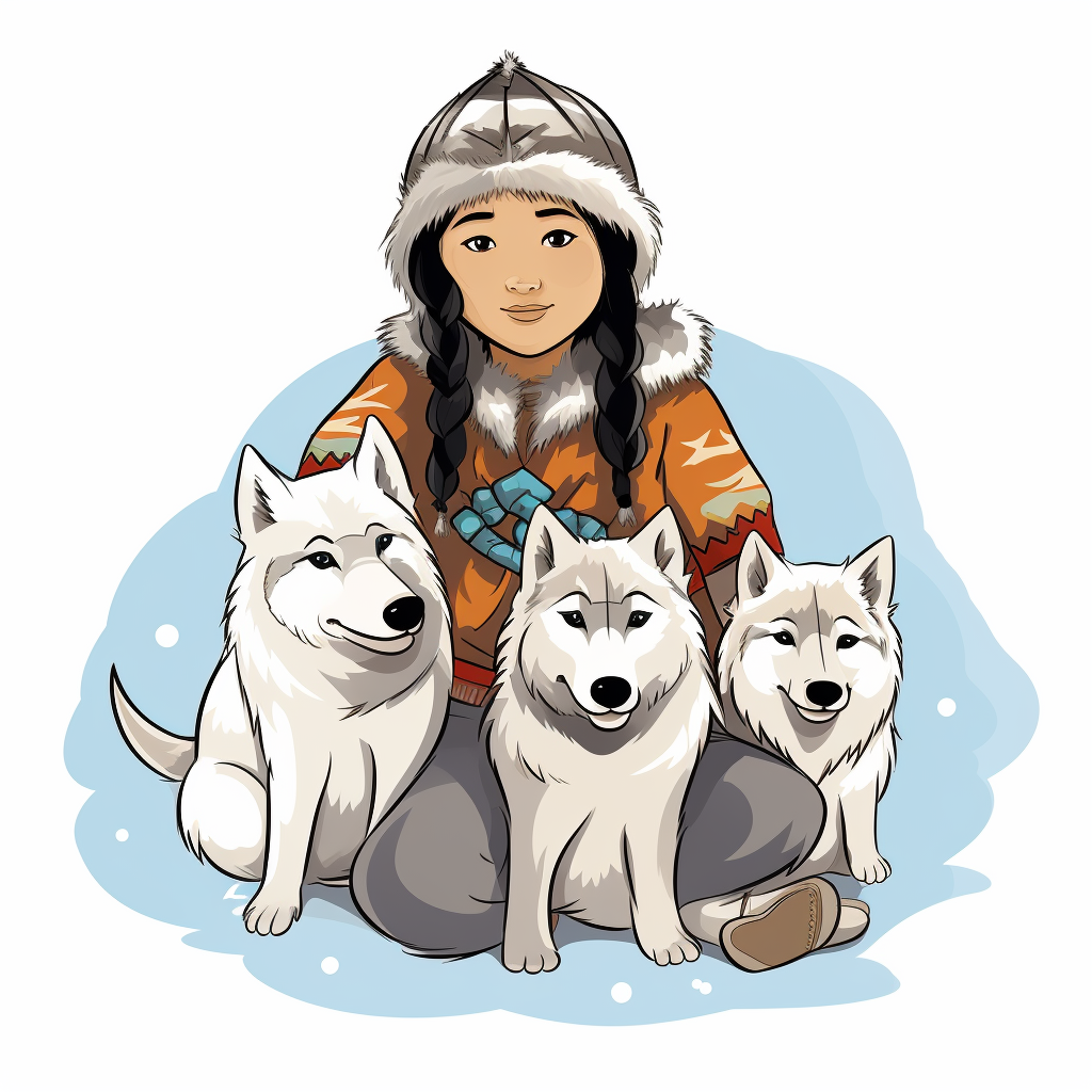 Inuit girl with husky dogs in simple illustration