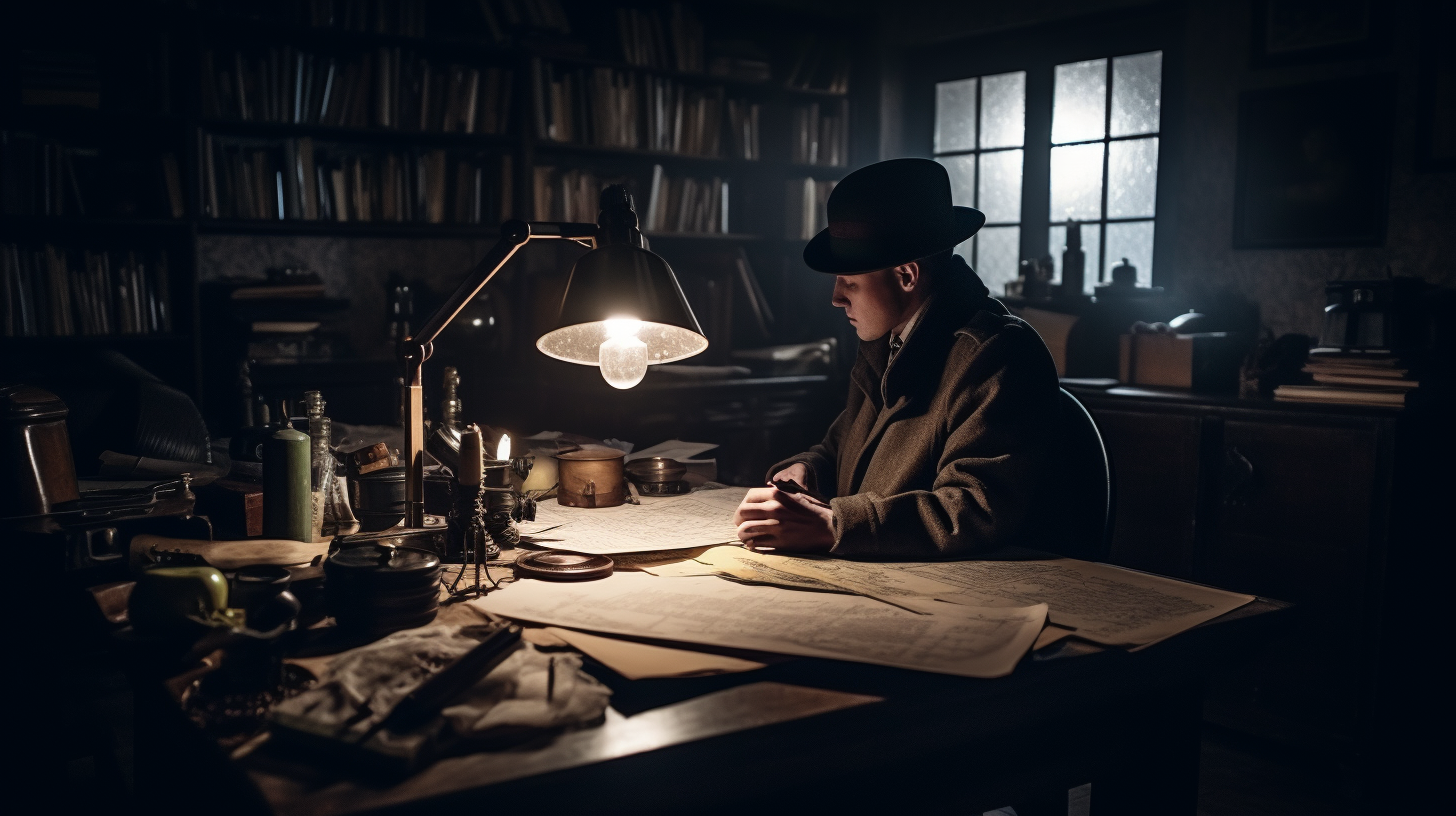 Investigator in dark room with black kettle hat