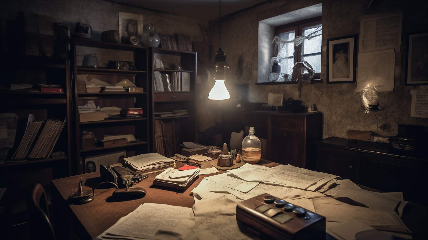 Investigator sitting in dark room in 1930