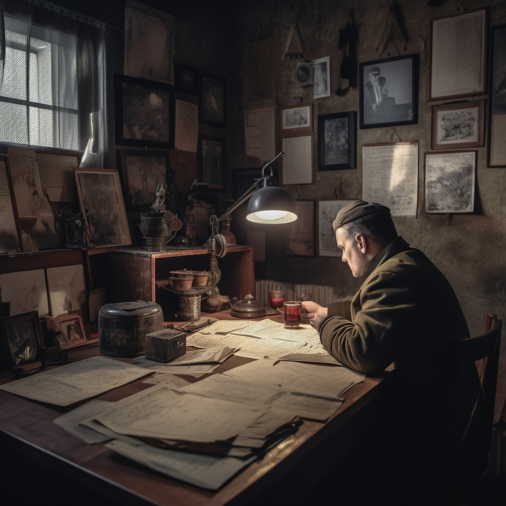 Investigator sitting by table in dark room