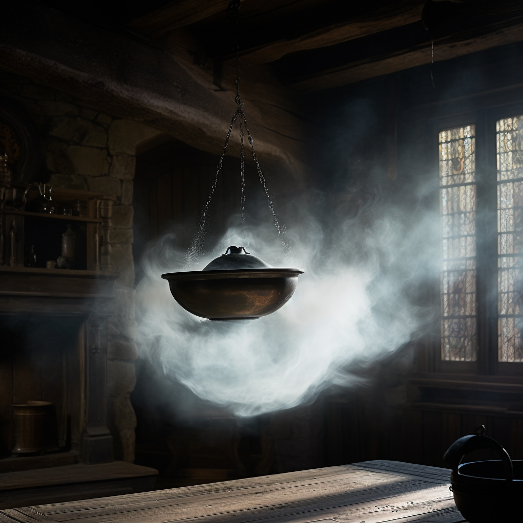 Ghost holding frying pan in medieval kitchen