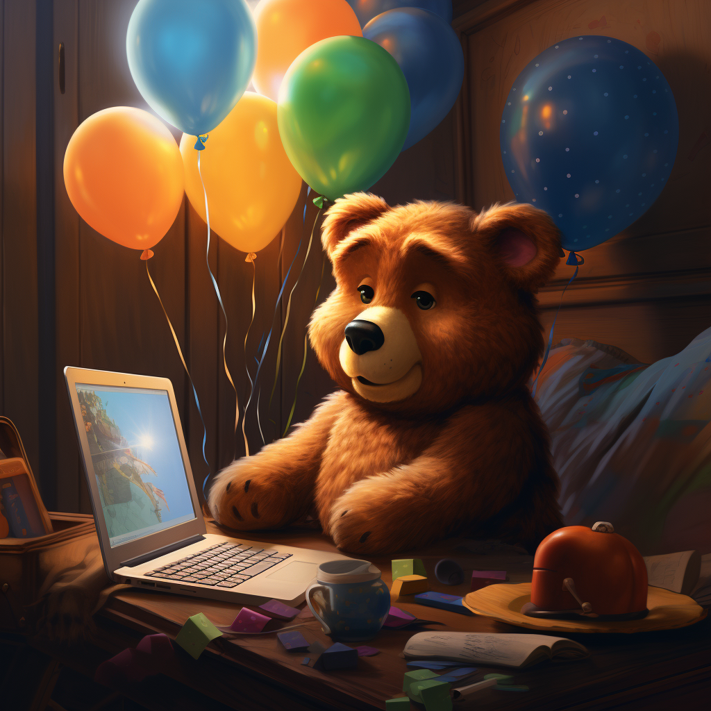 Cute bear at computer with balloons