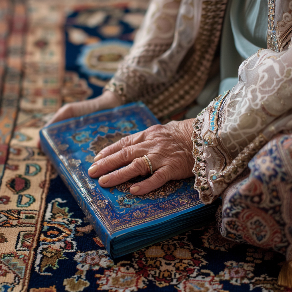 Iranian Grandma Praying with Blue Tasbih