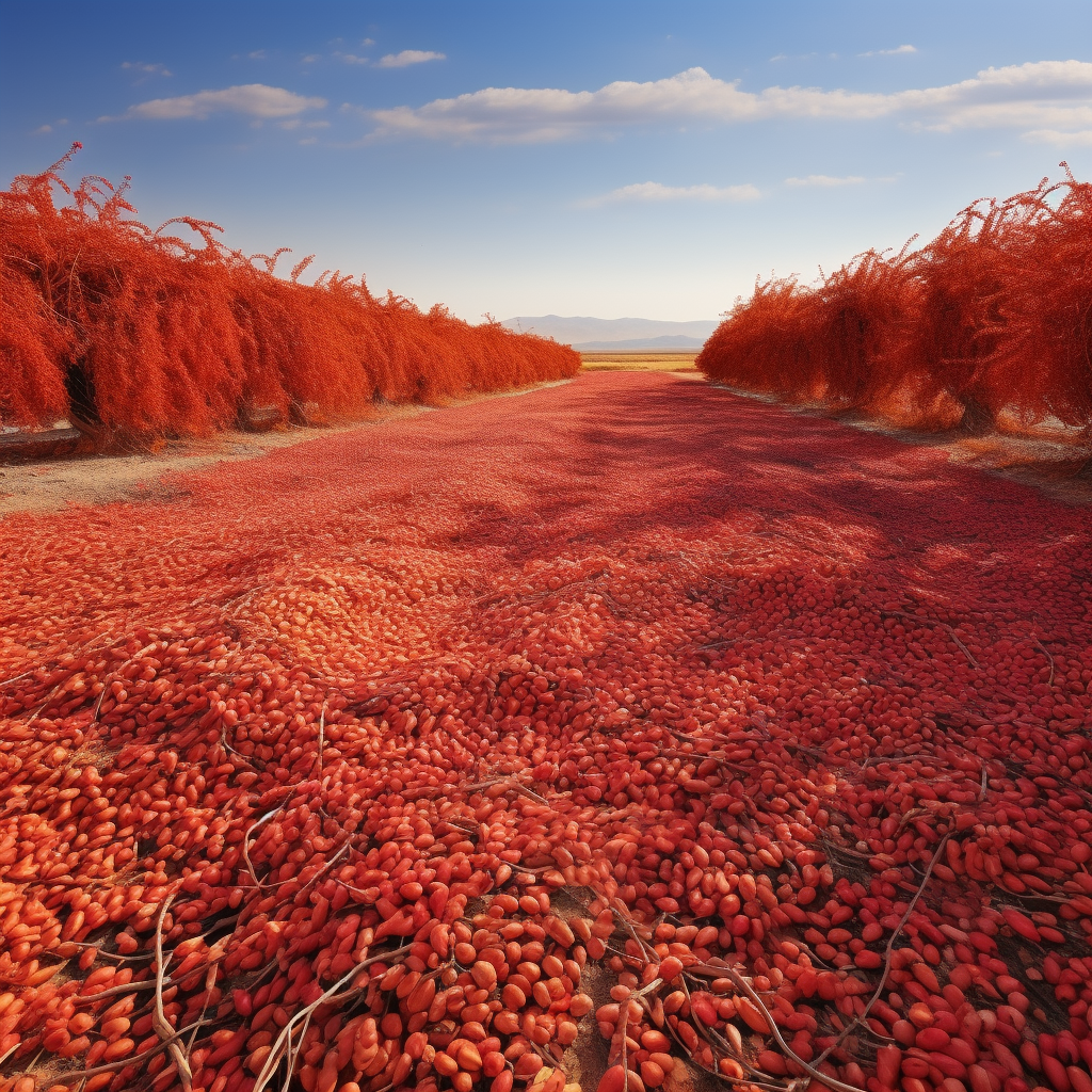 Iranian pistachio farm with red, orange, green elements